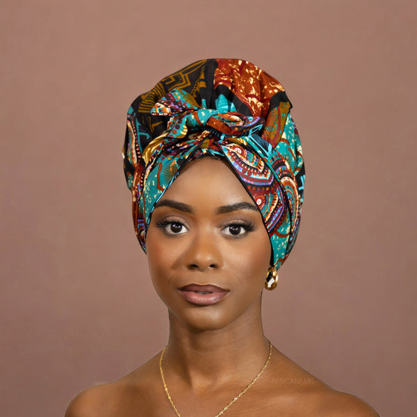 Easy headwrap / hoofddoek - Satijnen binnenkant - Turquoise Multicolor