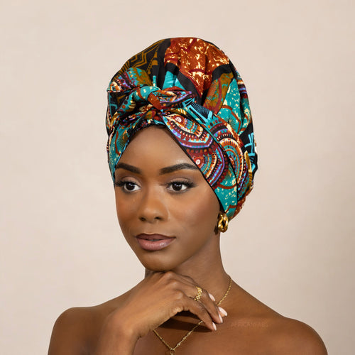 Easy headwrap / hoofddoek - Satijnen binnenkant - Turquoise Multicolor