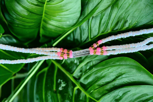 3 in 1 Waist Beads / Afrikaanse Heupketting - ABEBI - Roze / wit (elastisch)