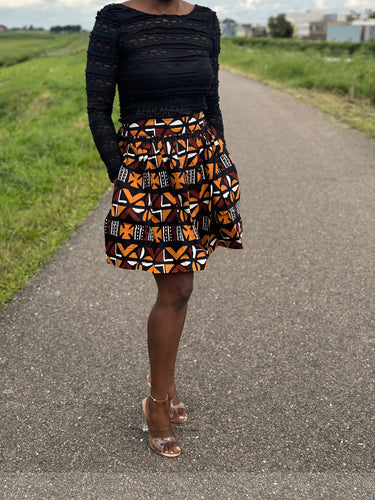 Afrikaanse print mini rok - Bruine Cross Bogolan
