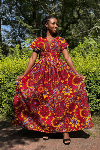 Afrikaanse print Infinity Multiway Maxi Jurk - Rood & Geel Mandala Patchwork