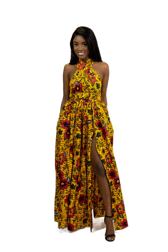Afrikaanse print Gele Flowers Infinity Multiway Maxi Jurk