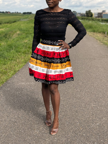 Afrikaanse print mini rok - Rode Bogolan Symbols