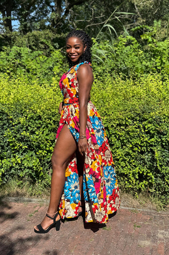 Afrikaanse print Infinity Multiway Maxi Jurk - Rood & Blauwe Flowers