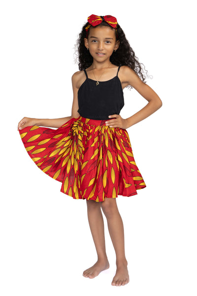 Afrikaanse print Kinder Rokje + Hoofdband met strik set - Rood / gele sunburst ( 1 - 10 jaar )