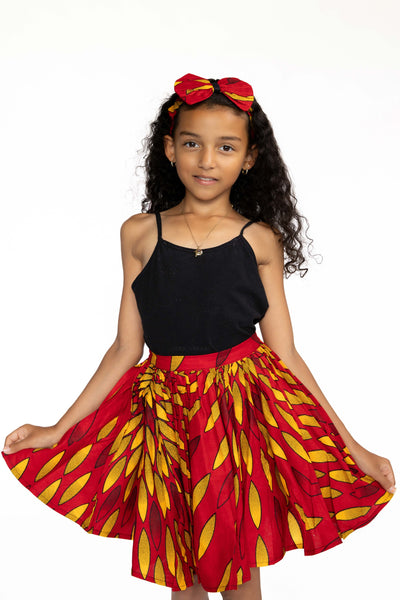 Afrikaanse print Kinder Rokje + Hoofdband met strik set - Rood / gele sunburst ( 1 - 10 jaar )