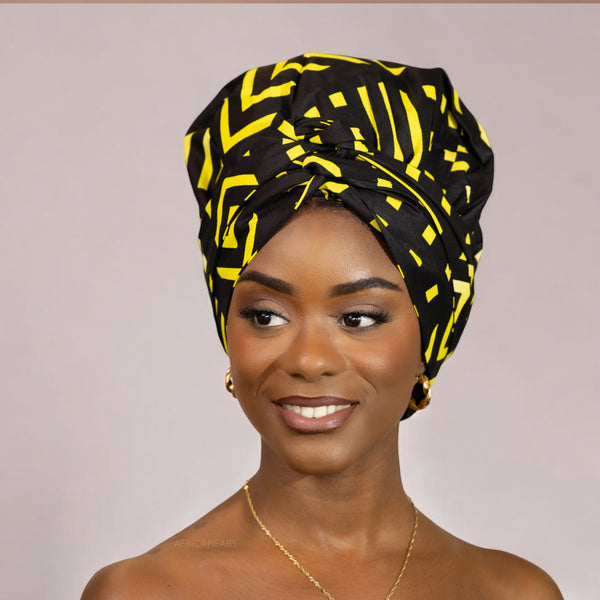 Easy headwrap / hoofddoek - Satijnen binnenkant - Zwart / geel