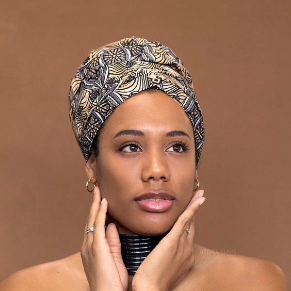 Easy headwrap / hoofddoek - Satijnen binnenkant - Zwart/Beige starflower