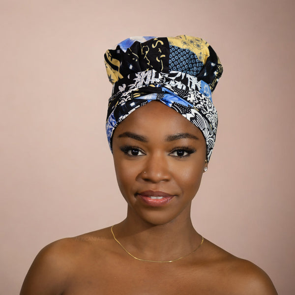 Easy headwrap / hoofddoek - Satijnen binnenkant - Blauw / beige