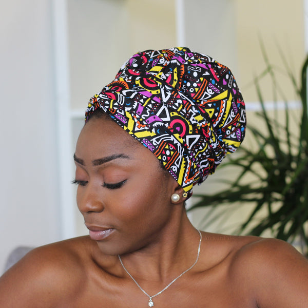 Easy headwrap / hoofddoek - Satijnen binnenkant - Geel / paarse Tribal print