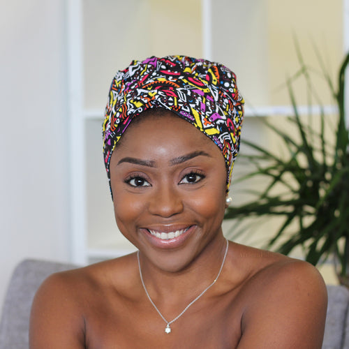 Easy headwrap / hoofddoek - Satijnen binnenkant - Geel / paarse Tribal print