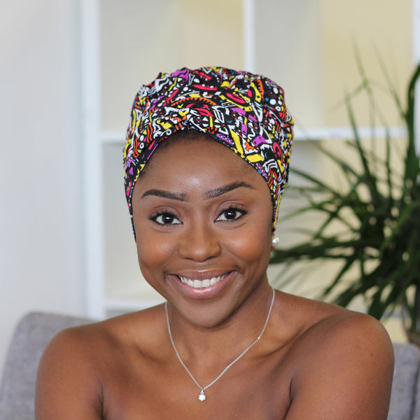 Easy headwrap / hoofddoek - Satijnen binnenkant - Geel / paarse Tribal print