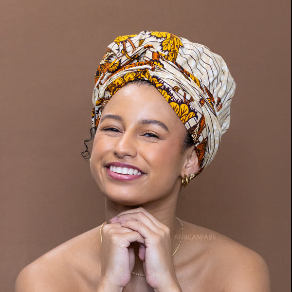Easy headwrap / hoofddoek - Satijnen binnenkant - Beige / geel bloom