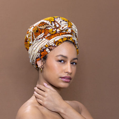 Easy headwrap / hoofddoek - Satijnen binnenkant - Beige / geel bloom