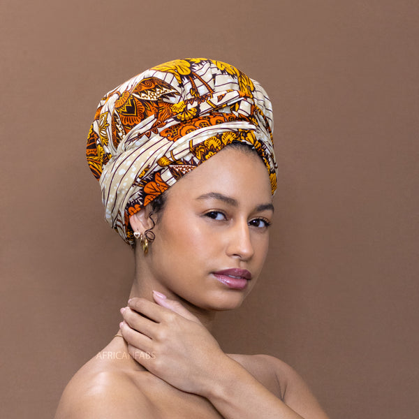 Easy headwrap / hoofddoek - Satijnen binnenkant - Beige / geel bloom