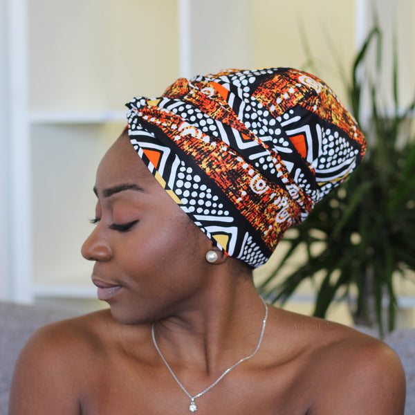 Easy headwrap / hoofddoek - Satijnen binnenkant - Oranje / wit Chidinma