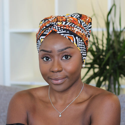Easy headwrap / hoofddoek - Satijnen binnenkant - Oranje / wit Chidinma