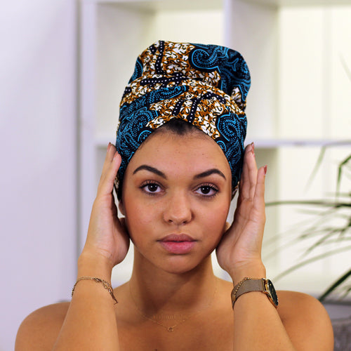 Easy headwrap / hoofddoek - Satijnen binnenkant - Blauw / Mosterd classic