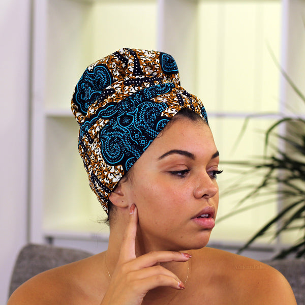 Easy headwrap / hoofddoek - Satijnen binnenkant - Blauw / Mosterd classic