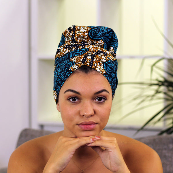 Easy headwrap / hoofddoek - Satijnen binnenkant - Blauw / Mosterd classic