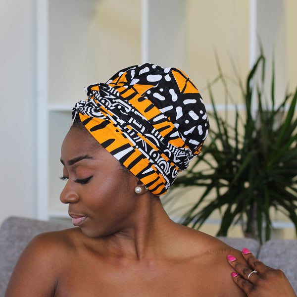 Easy headwrap / hoofddoek - Satijnen binnenkant - Oranje / Zwart Chioma