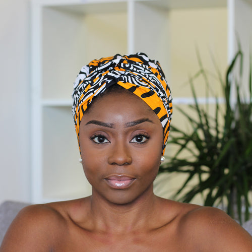 Easy headwrap / hoofddoek - Satijnen binnenkant - Oranje / Zwart Chioma