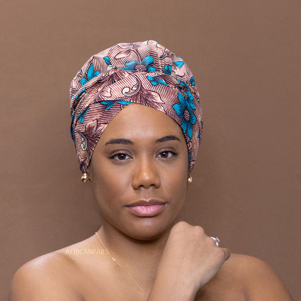 Easy headwrap / hoofddoek - Satijnen binnenkant - koraal / blauw bloom