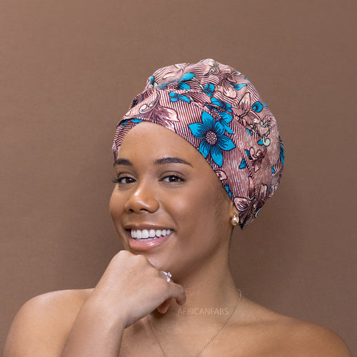 Easy headwrap / hoofddoek - Satijnen binnenkant - koraal / blauw bloom