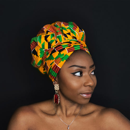 Easy headwrap / hoofddoek - Satijnen binnenkant - Geel / groene Kente