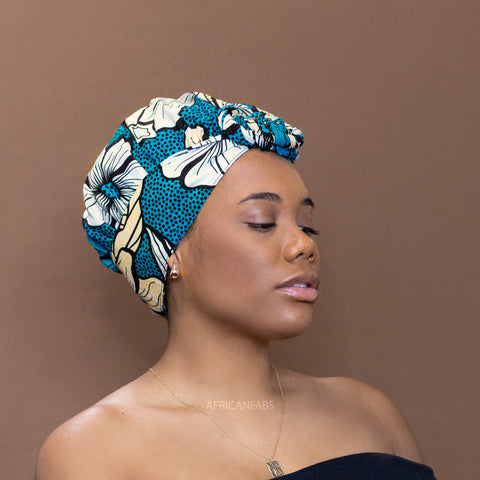 Easy headwrap / hoofddoek - Satijnen binnenkant - Donker turquoise bloom