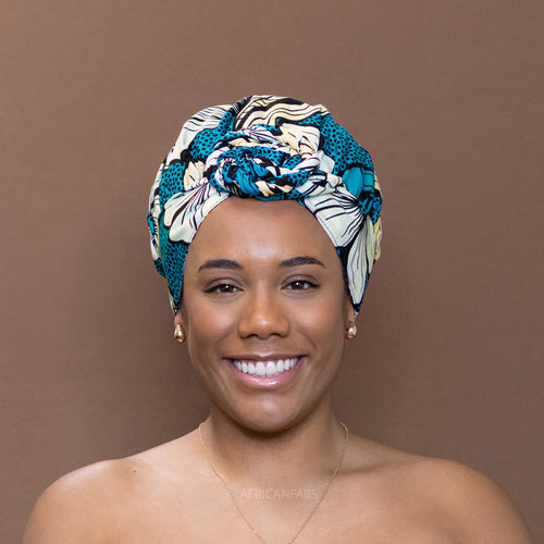 Easy headwrap / hoofddoek - Satijnen binnenkant - Donker turquoise bloom