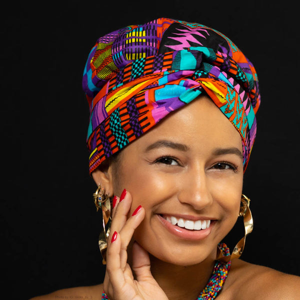 Easy headwrap / hoofddoek - Satijnen binnenkant - Kente Paars / Roze