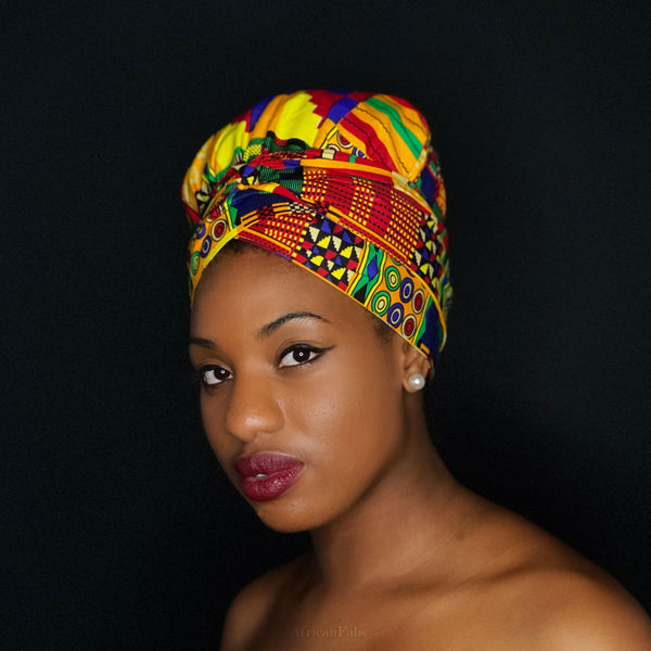 Easy headwrap / hoofddoek - Satijnen binnenkant - Kente Geel