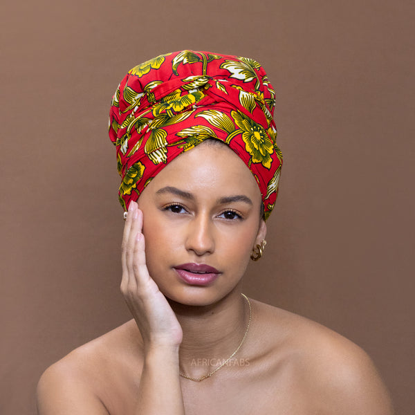 Easy headwrap / hoofddoek - Satijnen binnenkant - Rood / Geel bloom
