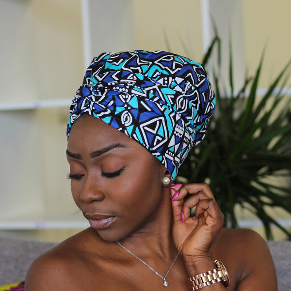 Easy headwrap / hoofddoek - Satijnen binnenkant - Blauw / turquoise Ame