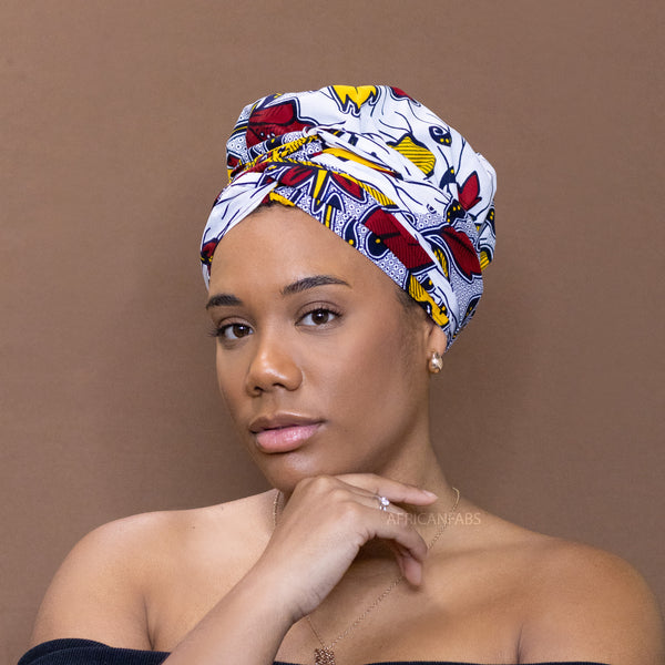 Easy headwrap / hoofddoek - Satijnen binnenkant - Wit rood / Geel bloom