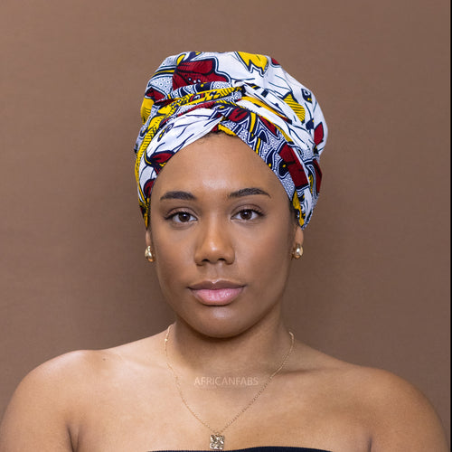 Easy headwrap / hoofddoek - Satijnen binnenkant - Wit rood / Geel bloom