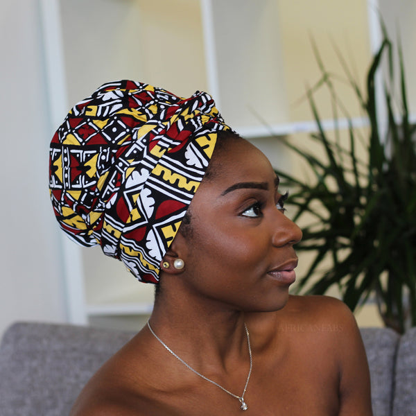 Easy headwrap / hoofddoek - Satijnen binnenkant - Zacht geel / bordeaux Ifueko