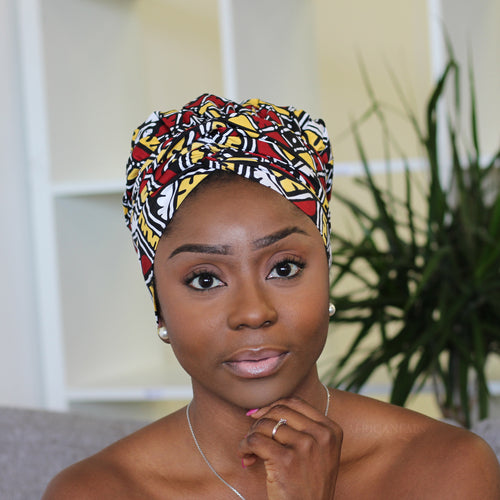 Easy headwrap / hoofddoek - Satijnen binnenkant - Zacht geel / bordeaux Ifueko