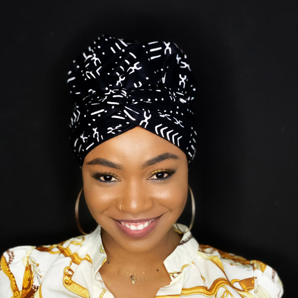 Easy headwrap / hoofddoek - Satijnen binnenkant - Zwart / wit mud