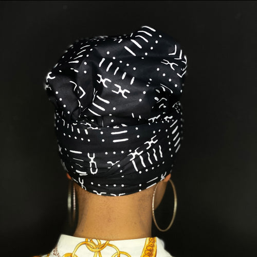 Easy headwrap / hoofddoek - Satijnen binnenkant - Zwart / wit mud