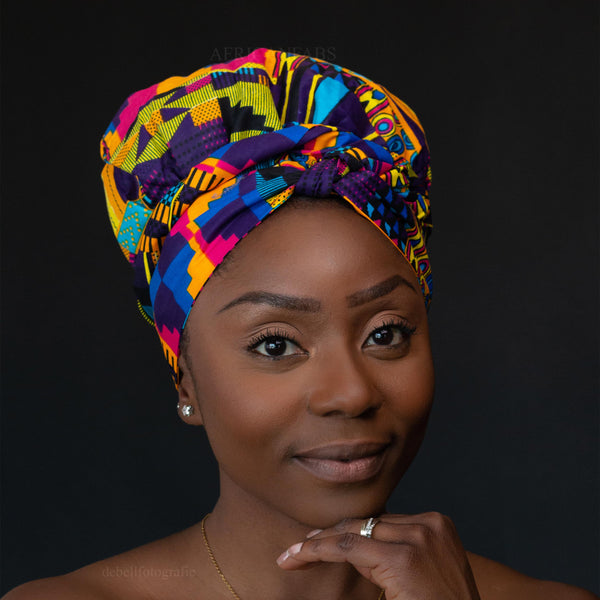 Easy headwrap / hoofddoek - Satijnen binnenkant - Multicolor kente / paars