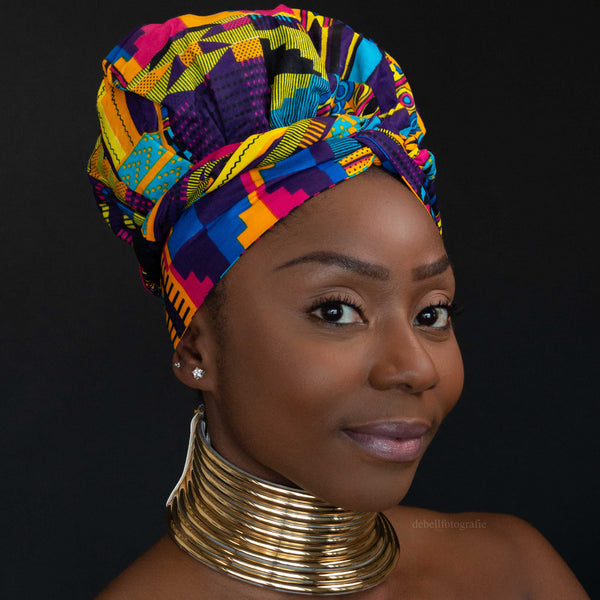 Easy headwrap / hoofddoek - Satijnen binnenkant - Multicolor kente / paars