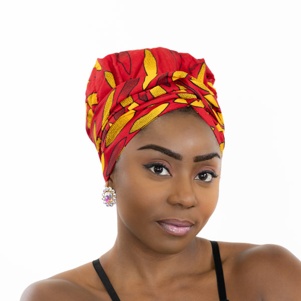Easy headwrap / hoofddoek - Satijnen binnenkant - Rood / gele sunburst