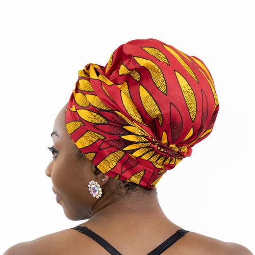 Easy headwrap / hoofddoek - Satijnen binnenkant - Rood / gele sunburst