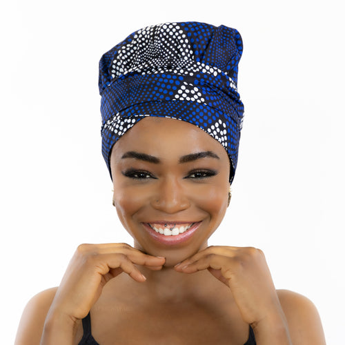 Easy headwrap / hoofddoek - Satijnen binnenkant - Blauwe Diamonds