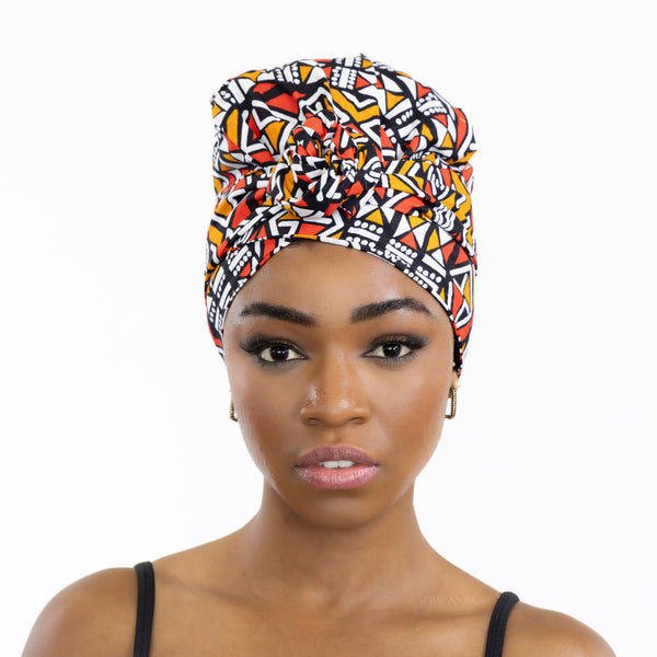 Easy headwrap / hoofddoek - Satijnen binnenkant - Rood / Oranje Bogolan