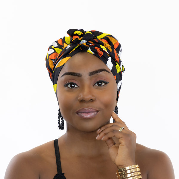 Easy headwrap / hoofddoek - Satijnen binnenkant - Zwart / gele sunburst
