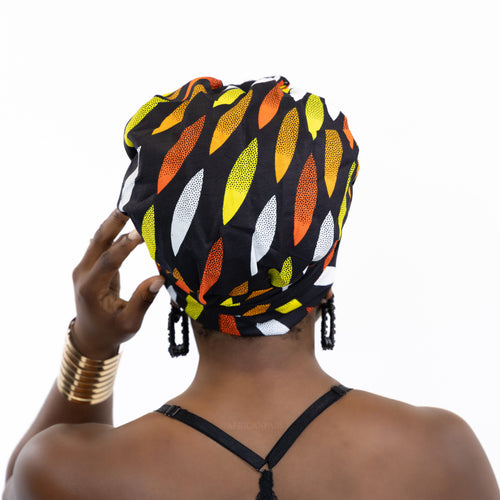 Easy headwrap / hoofddoek - Satijnen binnenkant - Zwart / gele sunburst