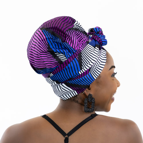 Easy headwrap / hoofddoek - Satijnen binnenkant - Paarse swirl